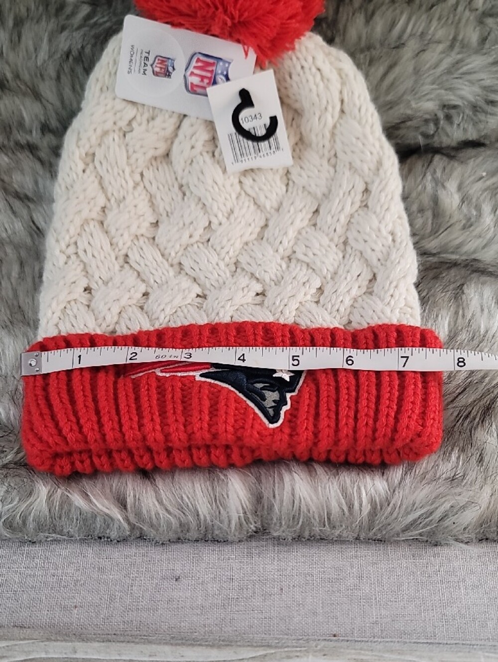 Women's NFL New England Patriots Cream Cable Knit Pom Beanie with Red Cuff - Picture 9 of 10